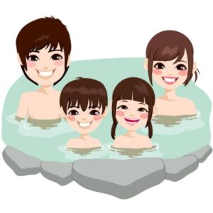 Japanese family enjoying Onsen.