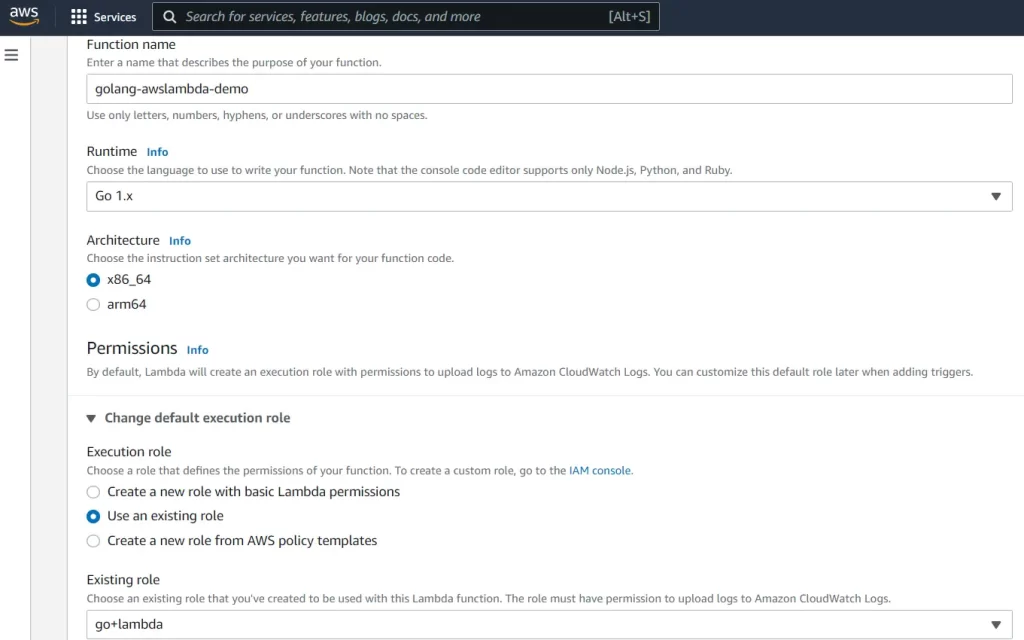 Screenshot of role creation for Developing a Serverless Go Application on AWS Lambda.