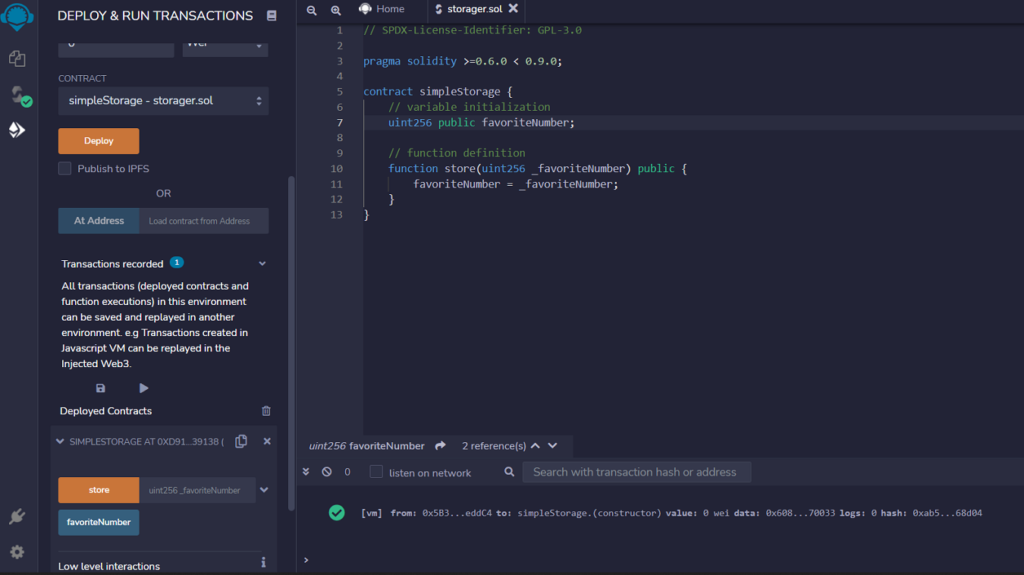 Screenshot of deploying & running transaction for smart contract.