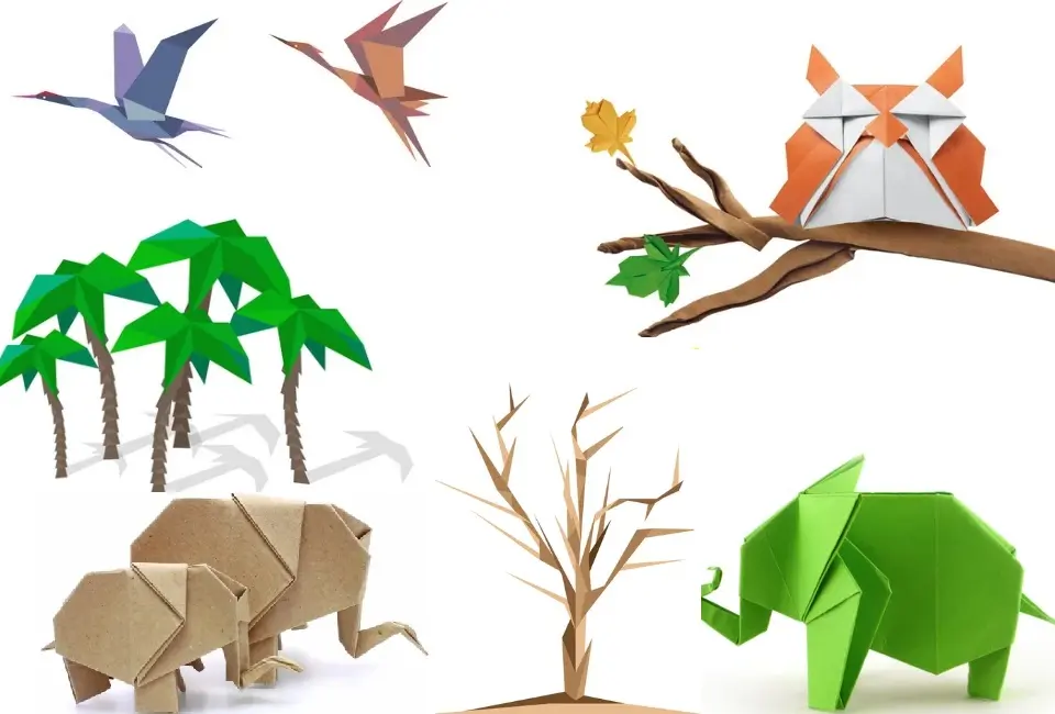 Various origami shapes and styles, from origami animals to trees to birds.