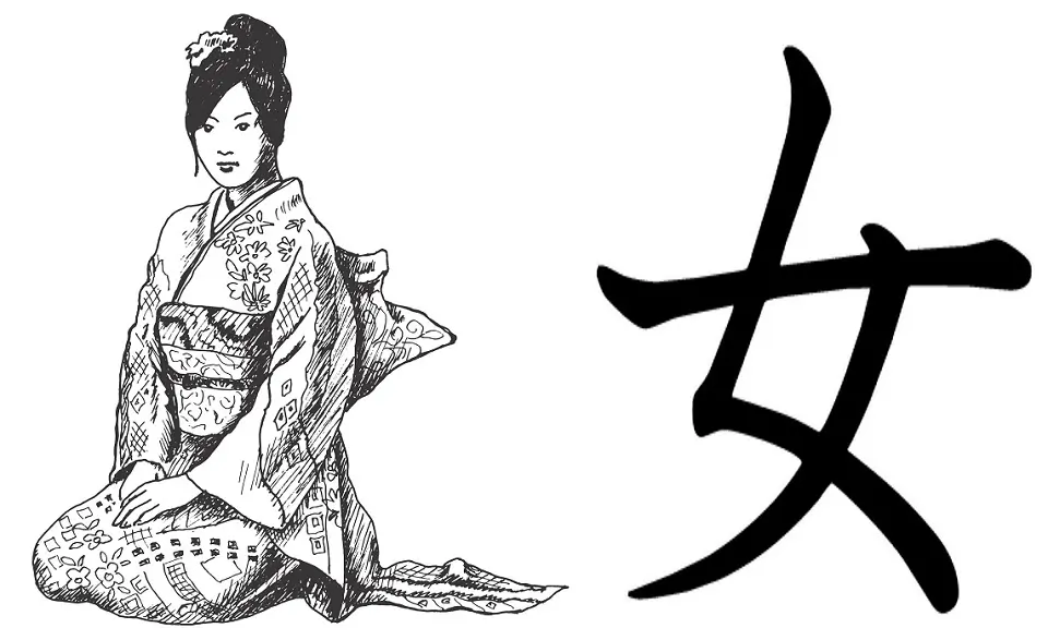 Japanese Kanji 女 for woman as a slight side pose of a Japanese woman sitting in traditional style.